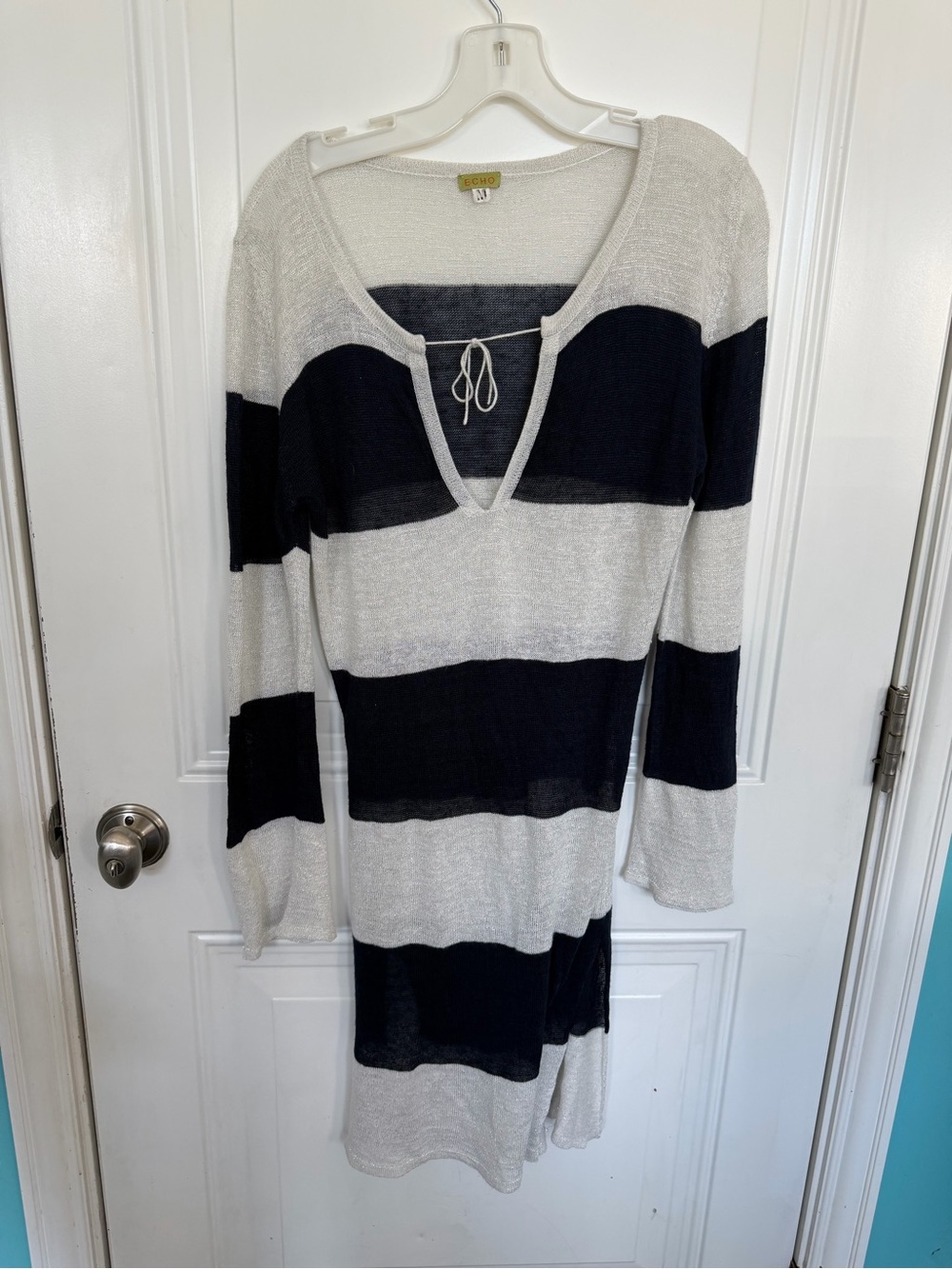 ECHO Navy and Light Gray Striped V-Neck Knit Dress